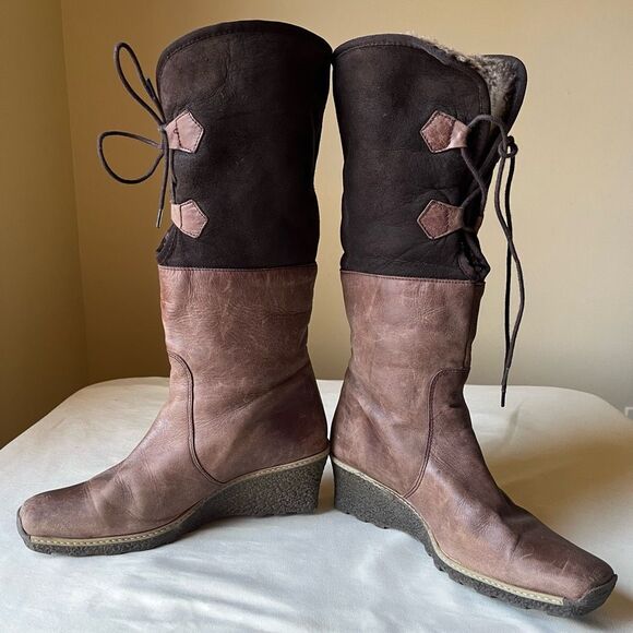 Eric Michael Two-Tone Leather Knee High Boots 39 Fur Lined Wedge Heel - Picture 8 of 10
